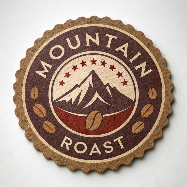 vintage badge logo for a mountain coffee roastery, circular, textured