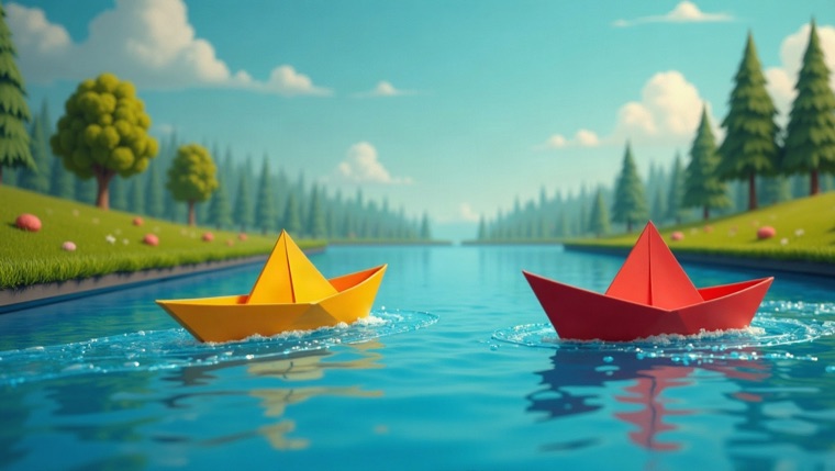 blog cover, paper boats racing on a circuit-board river, minimal, wide