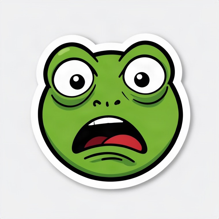 emote-style sticker, shocked frog face, exaggerated, white border