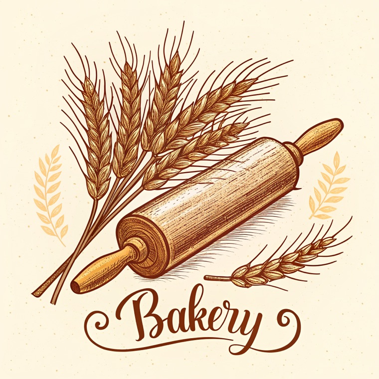 hand-drawn bakery logo, wheat sheaf and rolling pin, warm palette