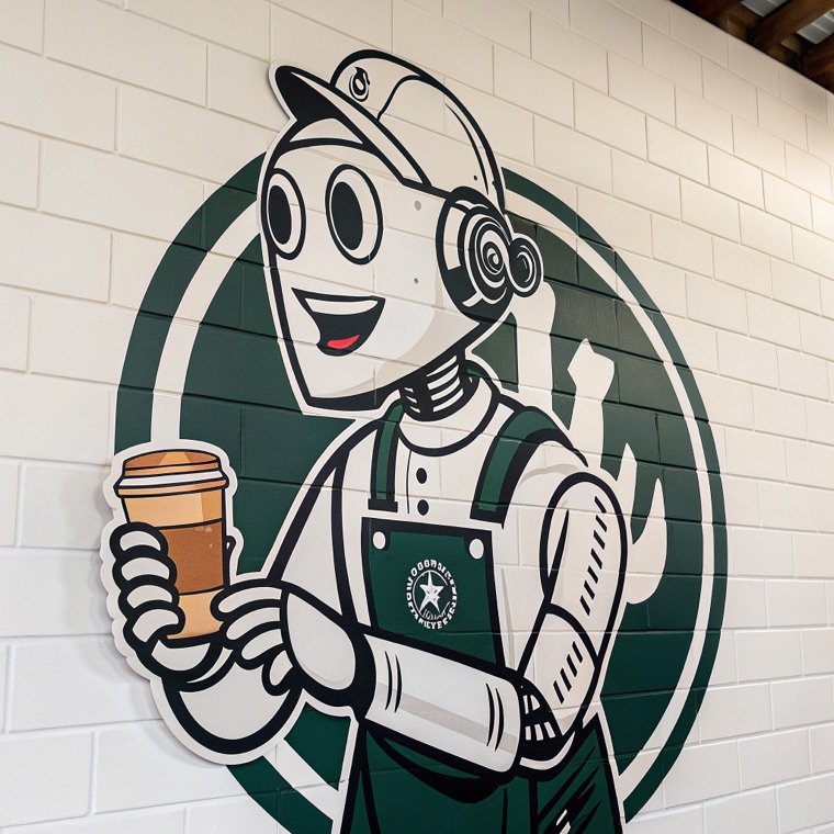mascot logo, smiling robot barista holding a coffee cup, thick outlines