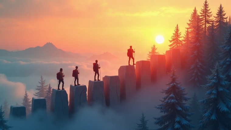 cover art, tiny climbers ascending a giant bar chart at dawn, wide