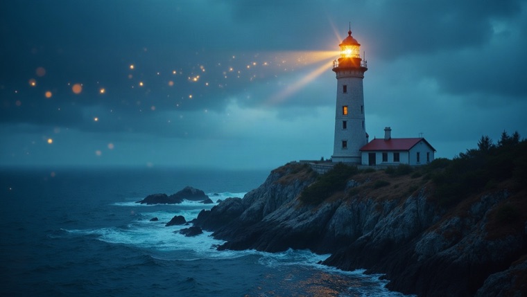 blog cover, data streams converging into a lighthouse beam, editorial, wide