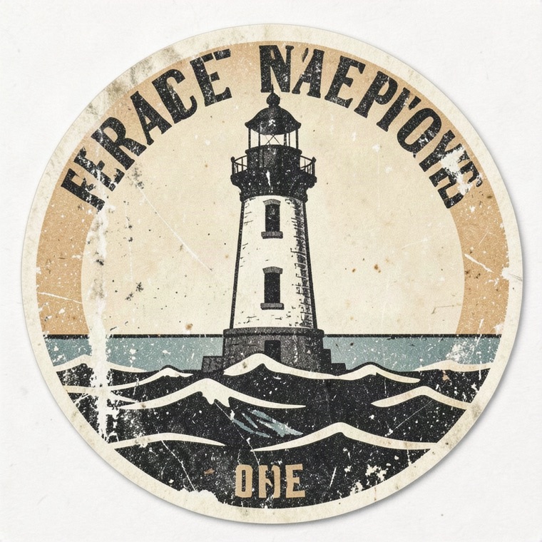 vintage matchbox-style sticker, lighthouse and waves, grainy print look