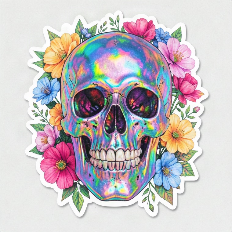 holographic-style skull with flowers, sticker sheet aesthetic