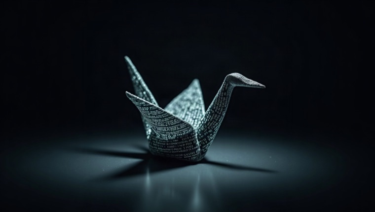 OG image, origami crane made of code, dark background, single spotlight