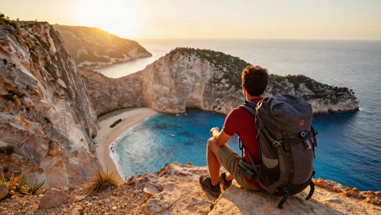 travel thumbnail, backpacker at a cliff edge over turquoise bay, sunrise