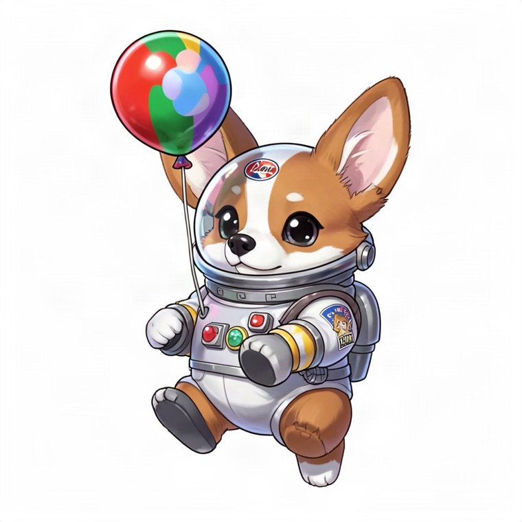 cosmonaut corgi floating with a balloon, sticker, glossy highlights
