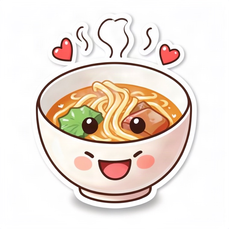 ramen bowl with happy face, steam hearts, kawaii die-cut sticker