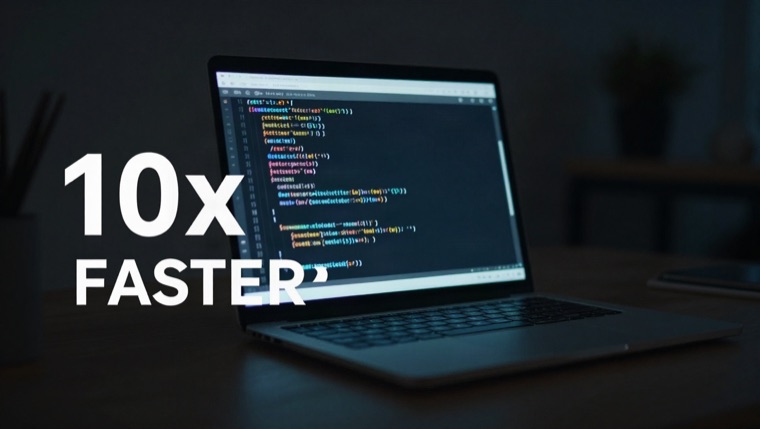 coding thumbnail, laptop glowing in a dark room, text “10x FASTER”