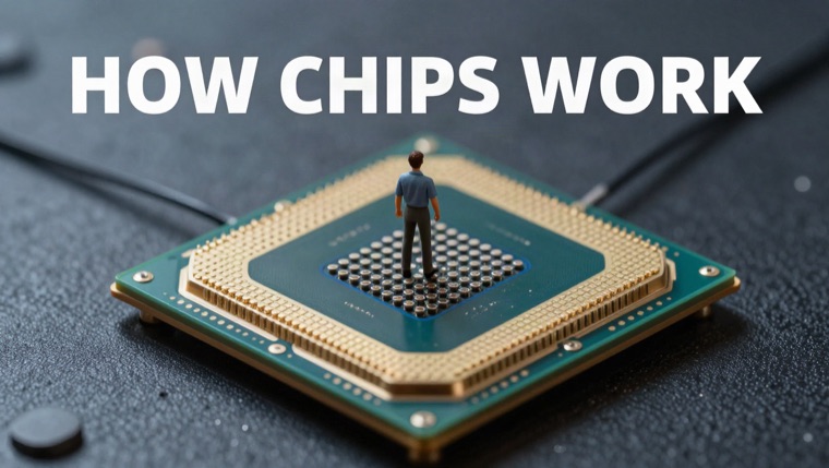 thumbnail, tiny person standing on a giant CPU, text “HOW CHIPS WORK”