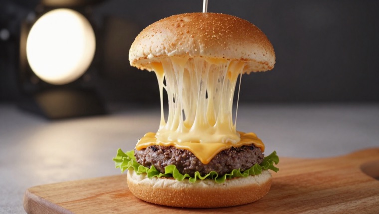 cooking thumbnail, molten cheese pull over a burger, studio light