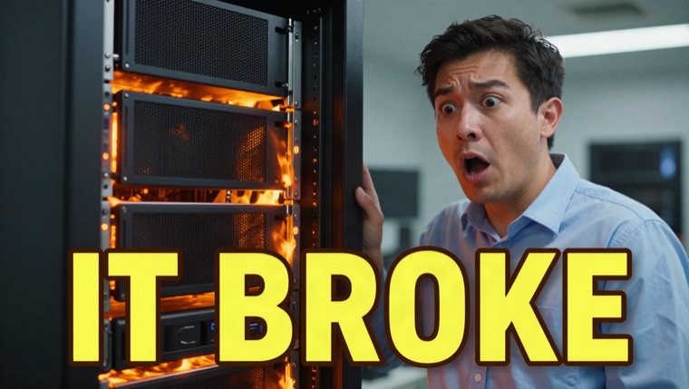 YouTube thumbnail, shocked engineer, flaming server rack, bold text “IT BROKE”