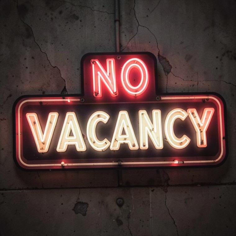 retro motel sign sticker that reads “NO VACANCY”, neon, die-cut