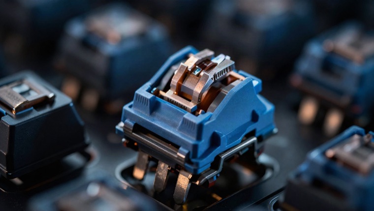 extreme close-up of a mechanical keyboard switch, dramatic lighting, 16:9