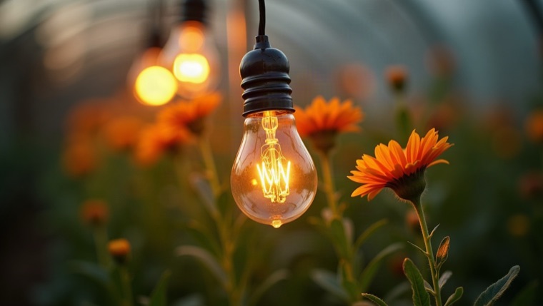 blog cover, greenhouse growing glowing lightbulb flowers, editorial