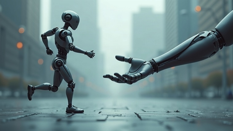 blog cover, marathon runner passing a relay baton to a robot hand, wide