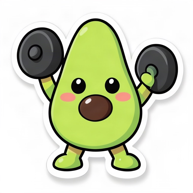 kawaii avocado lifting a dumbbell, sticker style, thick white border
