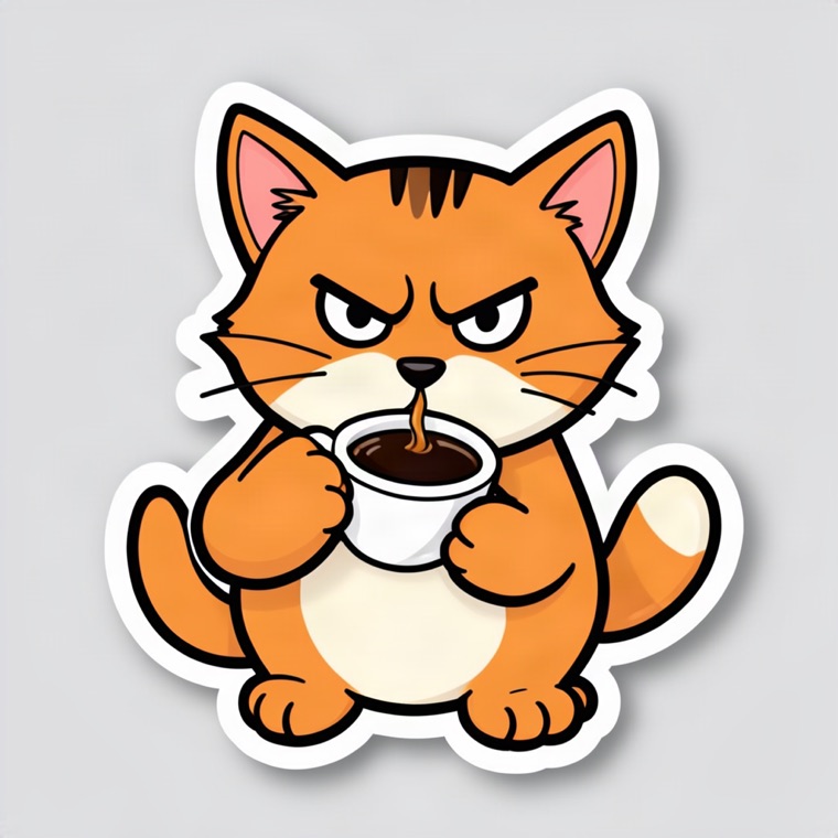 die-cut sticker, grumpy orange cat drinking espresso, bold outline, white border
