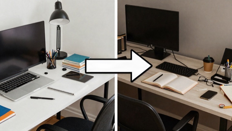 thumbnail, split screen before/after of a messy vs organized desk, arrow
